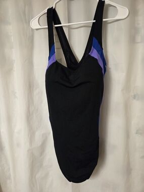 Black One-Piece Swimsuit with Blue & Purple Accents